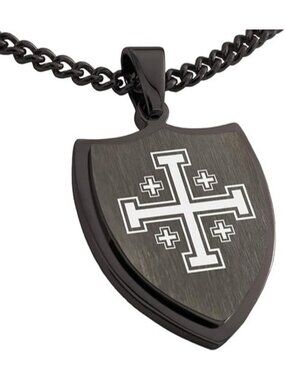 Gunmetal Stainless Steel Jerusalem Cross Shield Pendant Necklace